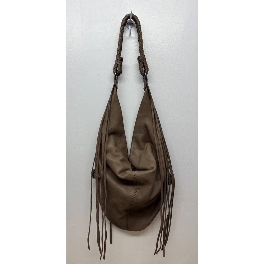 Linea Pelle Vanessa Hobo Shoulder‎ Bag Large Fringe Brown Braided Strap #6